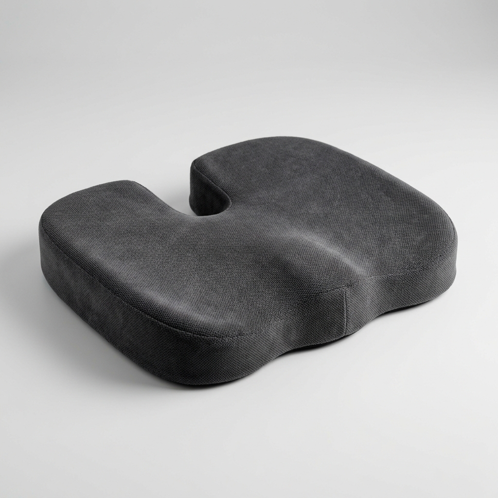 High-resolution photo illustration of an orthopedic memory foam seat cushion with coccyx cutout.