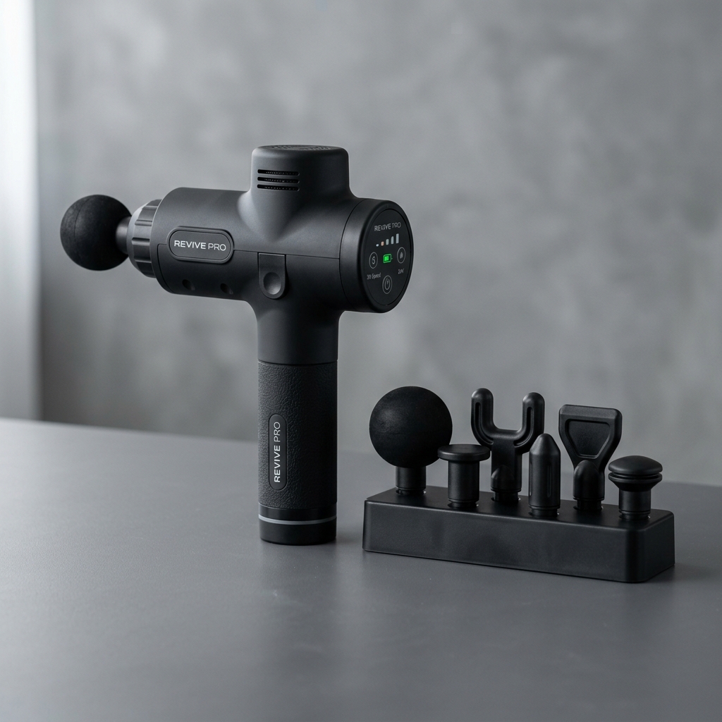 High-resolution photo illustration of a percussive therapy massage gun with custom attachments.