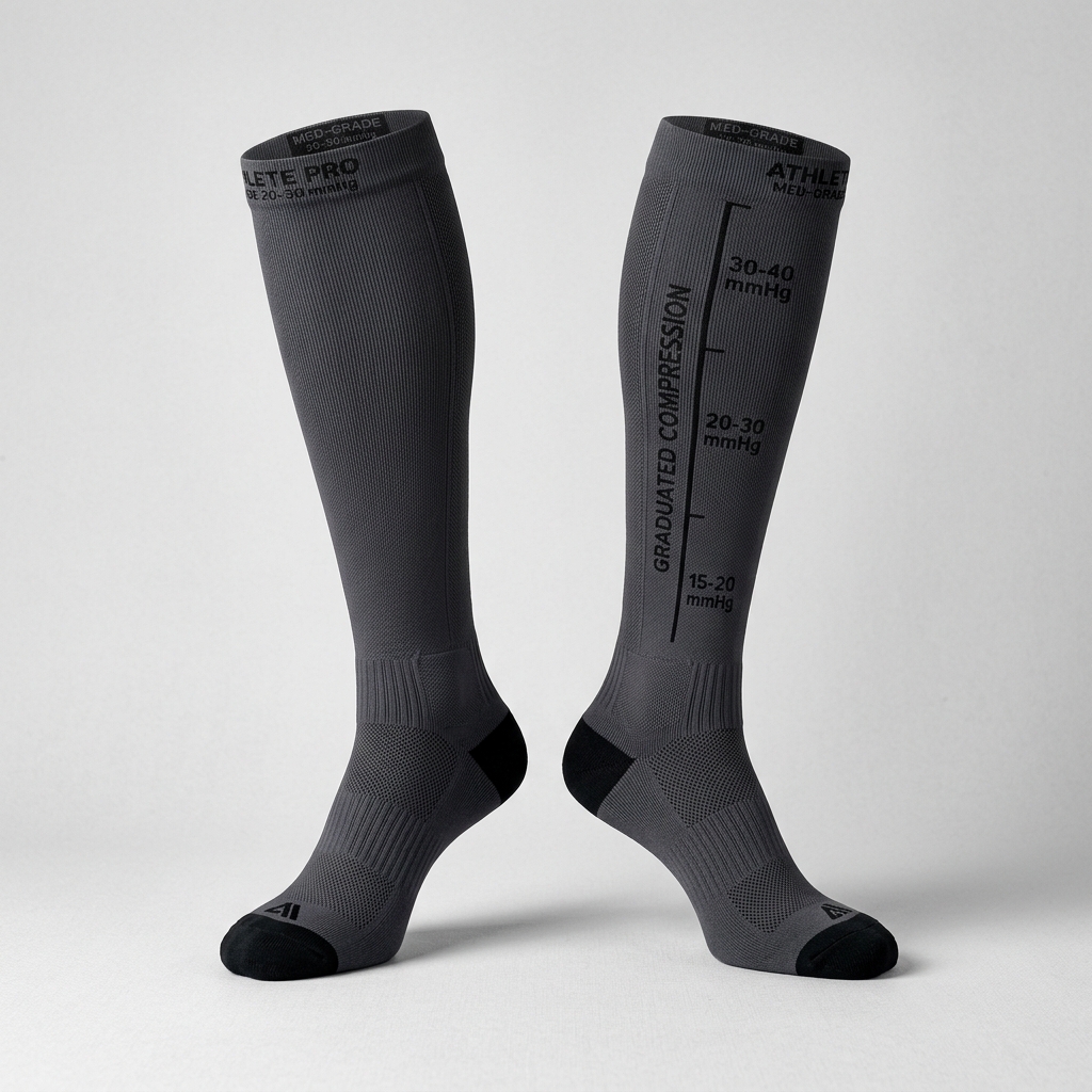 High-resolution photo illustration of graduated compression socks displaying mmHg tension zones.