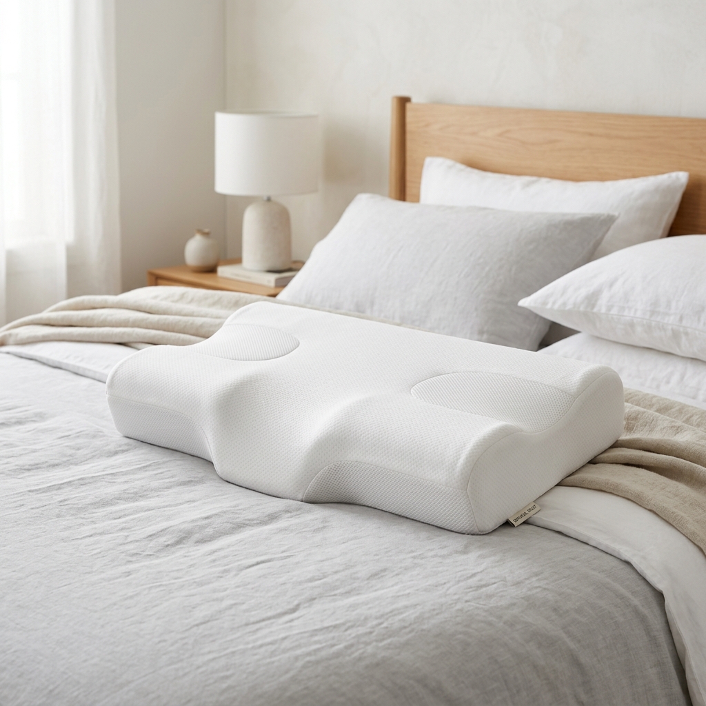High-resolution photo illustration of a contoured memory foam cervical pillow.