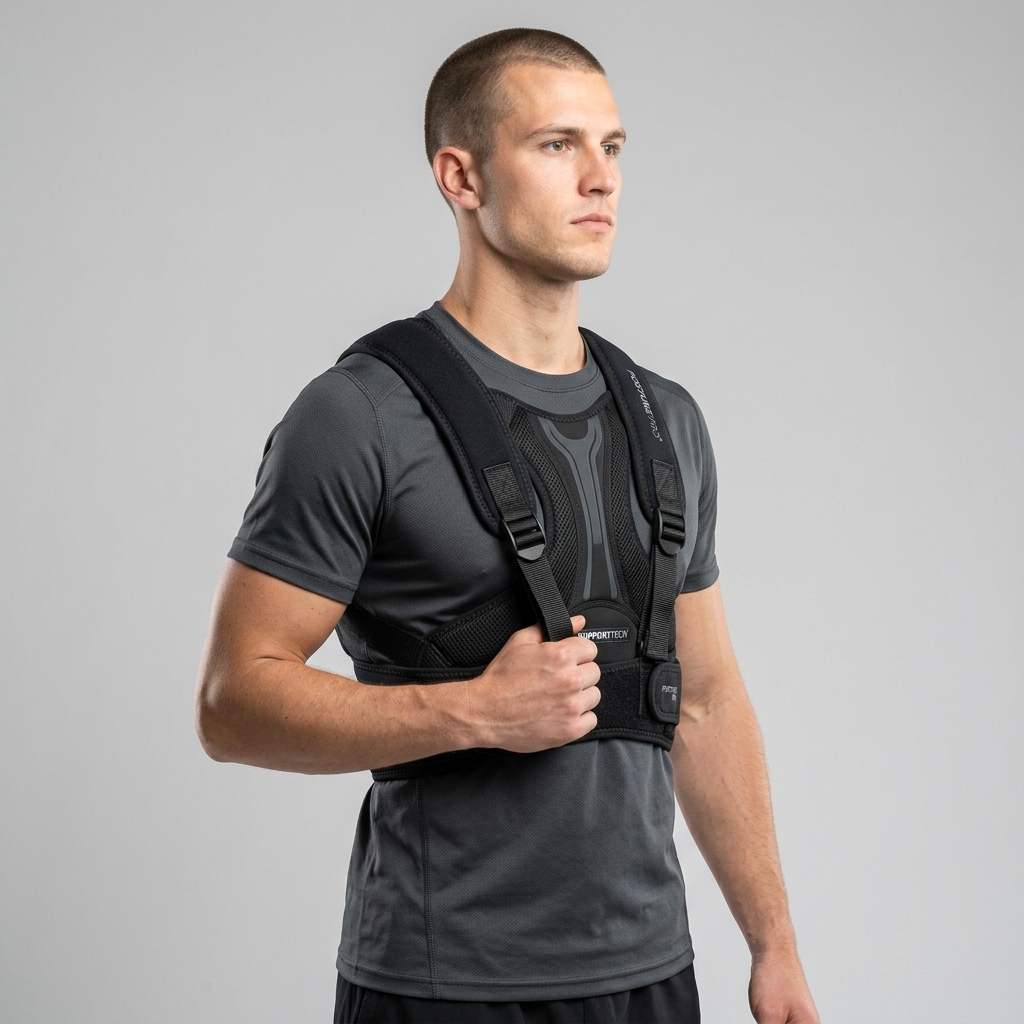 High-resolution photo illustration of an adjustable posture corrector brace for clavicle support.