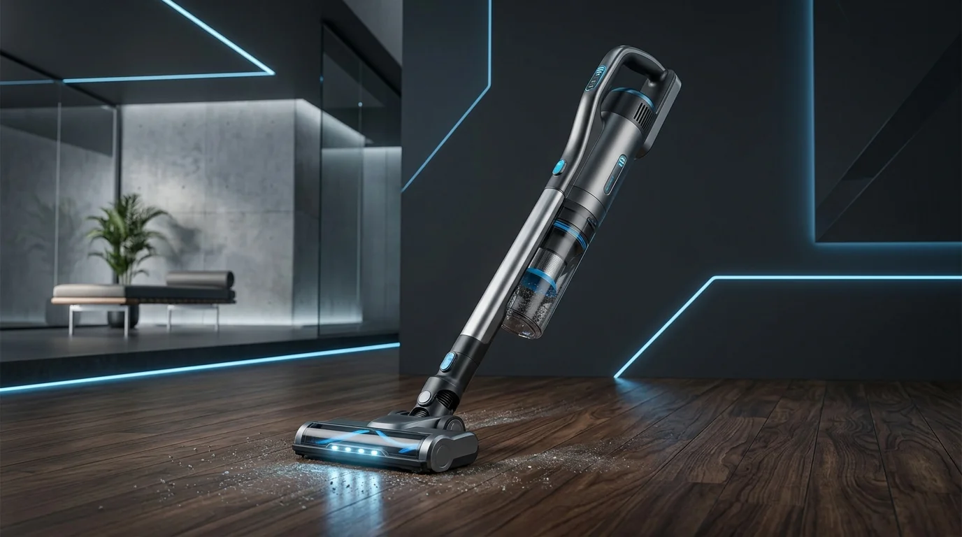 Mechanical cross-section of a cordless stick vacuum showing centrifugal air filtration chambers, brushless motor coils, and floor roller seals.