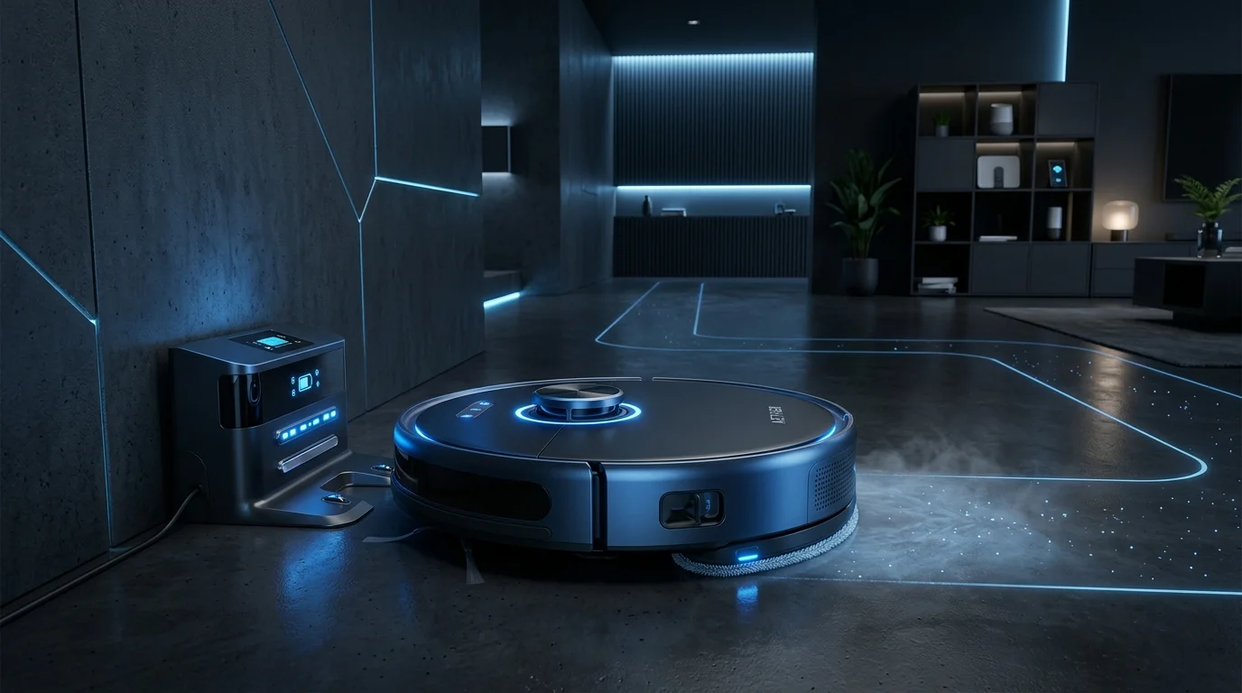 Sensor layout schematic of a robot vacuum showing LiDAR lasers, optical drop sensors, and sonic mopping vibrator modules.